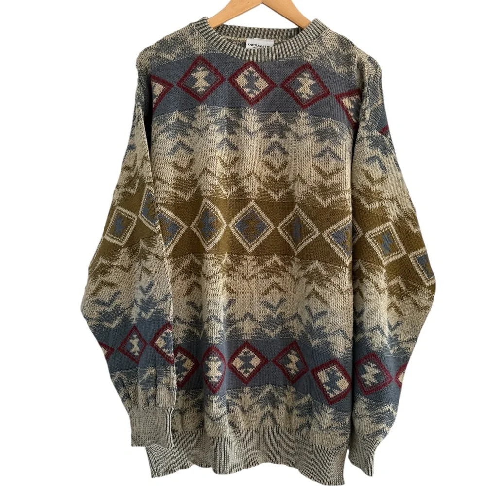 Grandpa Sweater Men’s Large Cosby 90s Coogi Style Hip Hop Eclectic Knit Cotton